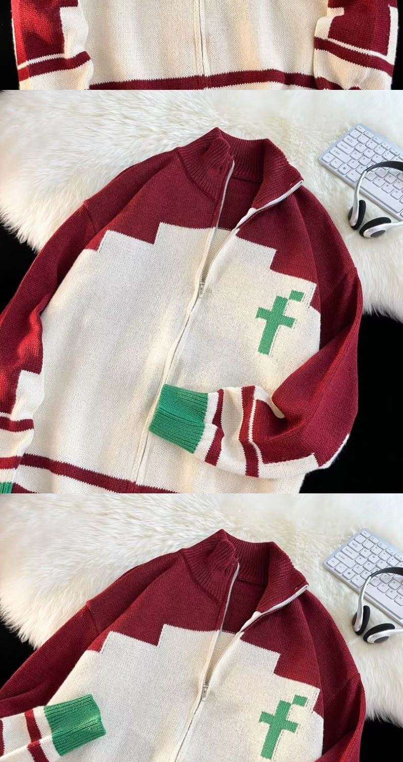 Women's Knitted Sweater Long Sleeve High Collar Colour Block_voghion.com