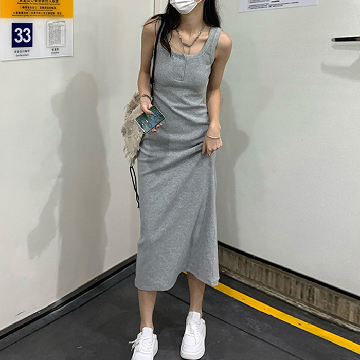 Threaded Cotton Mid-Length Tank Dress for Women, Summer Style, Pure and Slim-Fitting, with Back Slit, Hip-Hugging, Knee-Length, Sleeveless Dress