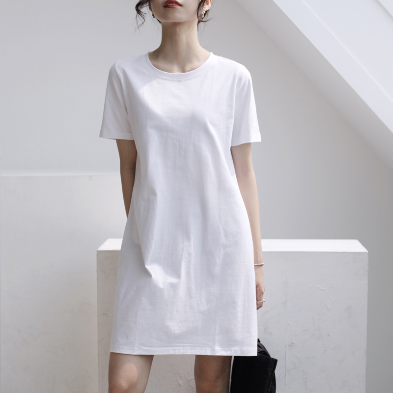 Versatile Simple Dress for Women, Summer Round Neck Short-Sleeve Long Pure Cotton T-Shirt Dress, Solid Color Loose Fit, Covers the Body, Inner Wear Short Skirt