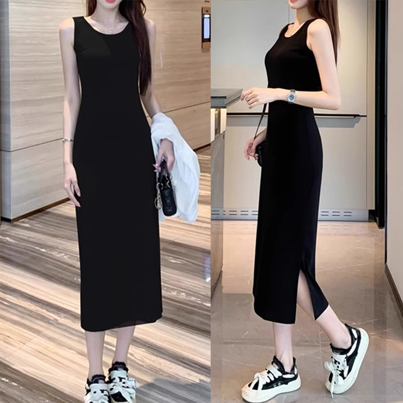 Slim-Fit Side-Slit Tank Top Long Dress for Women, Summer Casual Solid Color Sleeveless Over-The-Knee Dress, Mid-Length Base Layer Dress