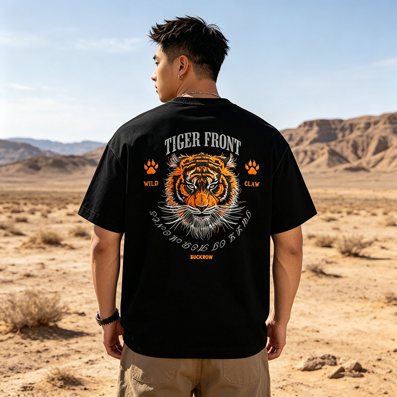 Ringspun Tiger Head Embroidered Heavy-Duty Tiger Embroidery T-Shirt for Men, Short-Sleeved, Summer, Loose Fit, Heavyweight Pure Cotton, Cute Ringspun Tiger Head Embroidered Heavy-Duty Tiger Embroidery T-Shirt for Men, Short-Sleeved, Summer, Loose Fit, Heavyweight Pure Cotton, Cute