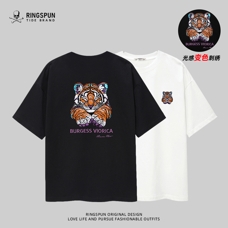 Ringspun Tiger Head Trendy Brand Heavy Embroidery Heavyweight Pure Cotton Short-Sleeve T-Shirt for Men Summer Tiger American Style Top