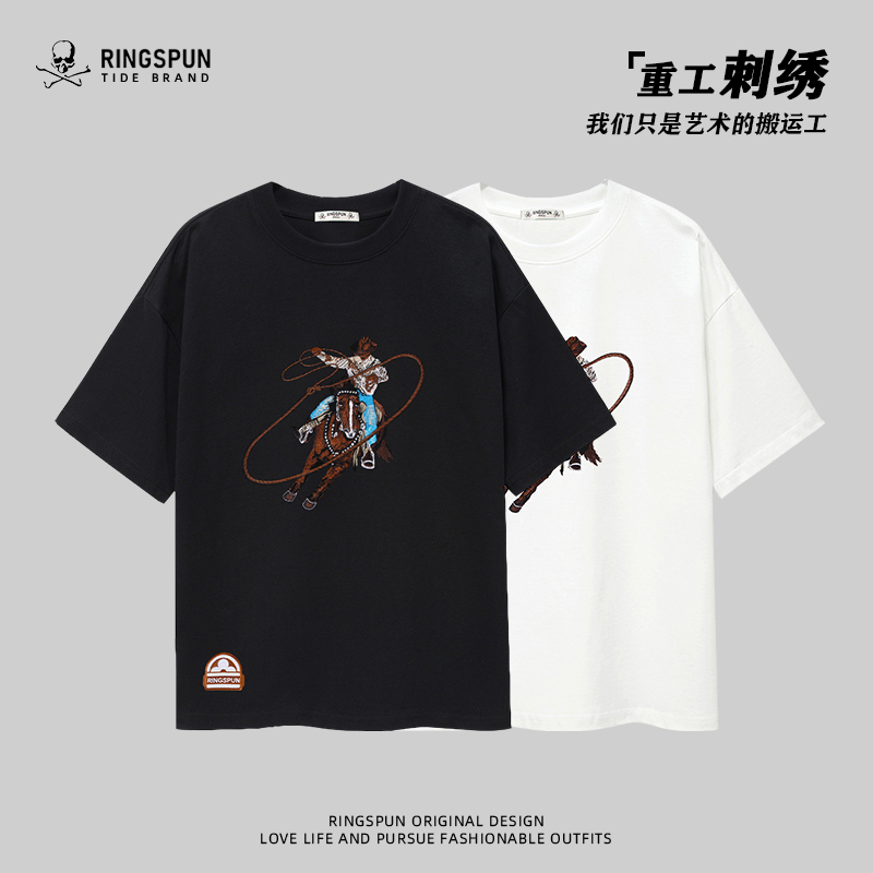 Ringspun Fashionable Heavy Embroidery Pure Cotton Men's Summer Loose Short-Sleeve T-Shirt Western Denim Half-Sleeve Trendy