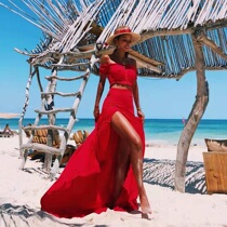 Europe and the United States tropical vacation travel thin strapless high waist split skirt suit red M-178
