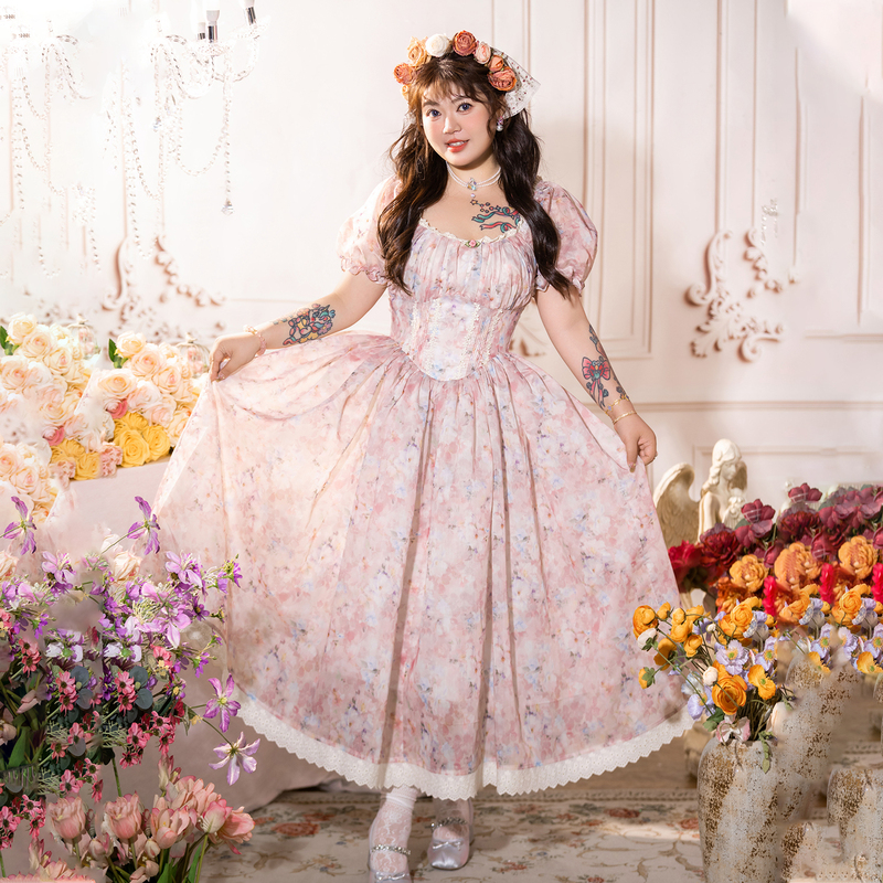 Hard Candy Plus Size Original Charming French Retro Dress with Pastoral Print Long Skirt Summer Style
