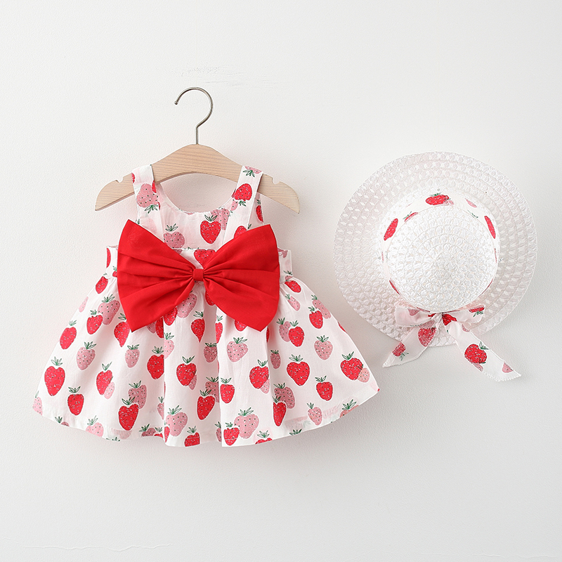 Red Strawberry Bow - Collect And Buy Free HatBaby girl summer wear Foreign style girl Dress One year old baby Floral skirt pure cotton clothes children skirt Princess Dress