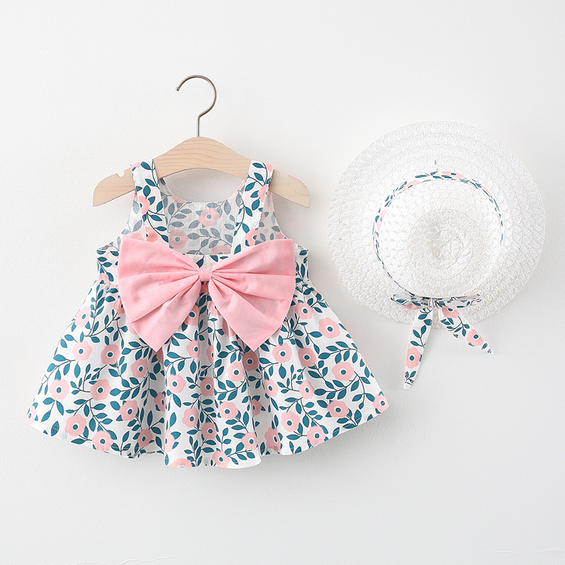 Pink Leaves And Flowers - Collect And Buy Free HatBaby girl summer wear Foreign style girl Dress One year old baby Floral skirt pure cotton clothes children skirt Princess Dress
