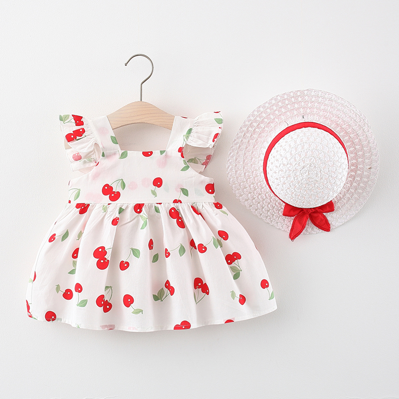 Cherry Red Sleeves - Collect And Buy Free HatBaby girl summer wear Foreign style girl Dress One year old baby Floral skirt pure cotton clothes children skirt Princess Dress