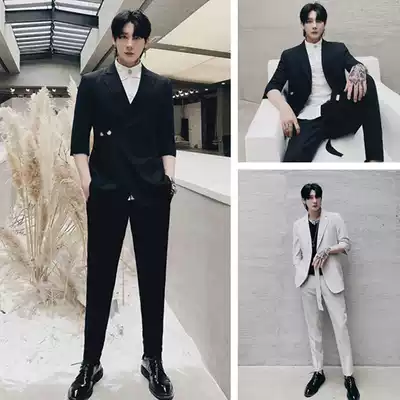 Rui Shuai Suit Men's Summer Thin Leisure Trends British Seven Short Sleeve Suit Set Korean Hairstylist Jacket