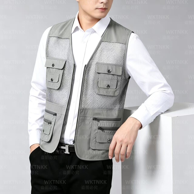 Middle-Aged and Elderly Men's Mesh Vest with Multiple Pockets, Loose Fit, Suitable for Outdoor Fishing, Photography, and Casual Wear