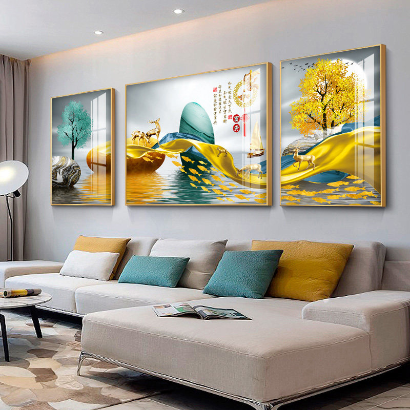 Modern Minimalist Living Room Decoration Painting Crystal Porcelain Painting Sofa Background Wall Hanging Painting Atmosphere Triptych Light Extravagant High-end Mural Painting