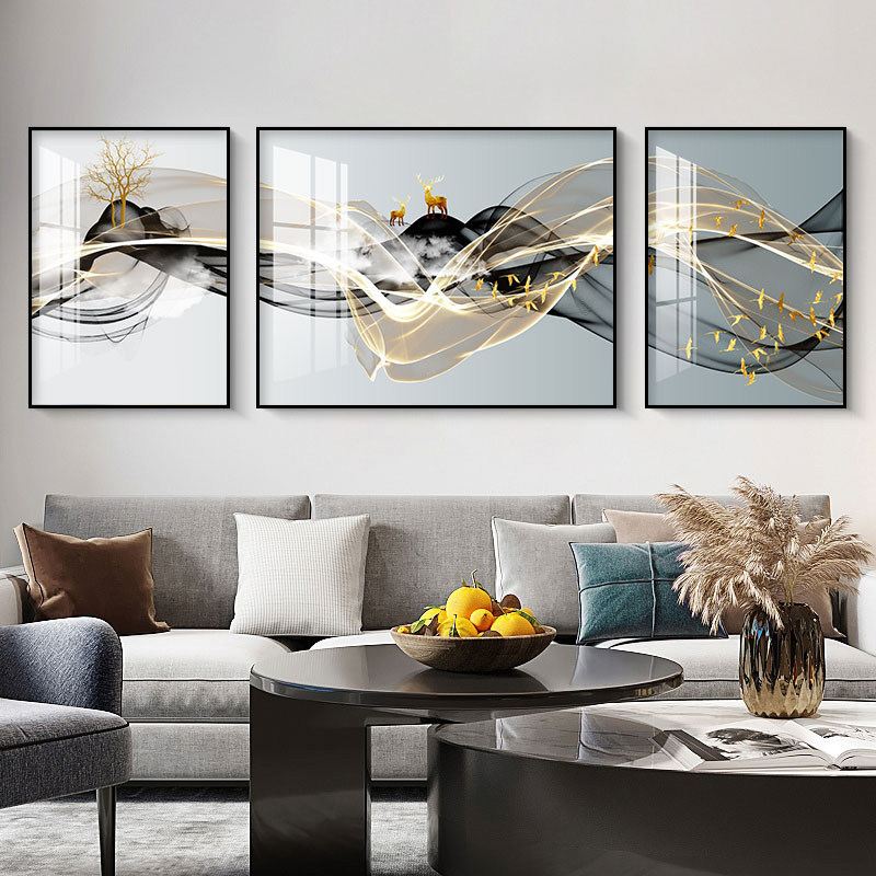 Modern simple living room decoration painting abstract sofa background wall painting black ash triple luxury high-grade ceramic hanging painting