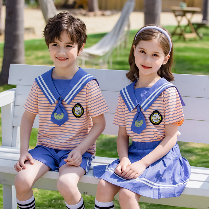 2022 new college style kindergarten uniform primary school students class uniform striped short-sleeved suit graduation season performance clothing