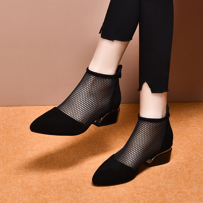 Net-yarn hollowed-out women's shoes 2021 Spring new pointed Baotou Frosted Leather Breathable Coarse Heel Mesh surface cool boots
