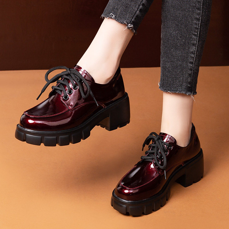 Platform shoes women's thick bottom 2022 leather patent leather deep mouth high-heeled lace-up single shoes British style small leather shoes casual