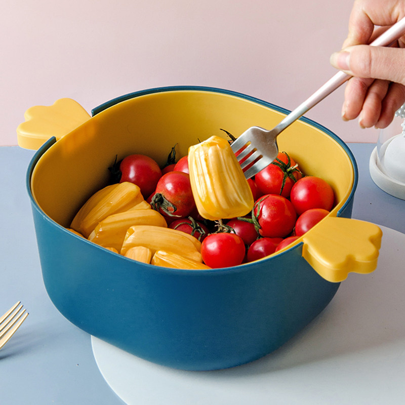 Double Layer Hollowed-out Fruit Basin Wash Fruit Drain Basket Home Water Fruit Basket Big Fruit Pan Cute Kitchen Wash Vegetable Basket-Taobao