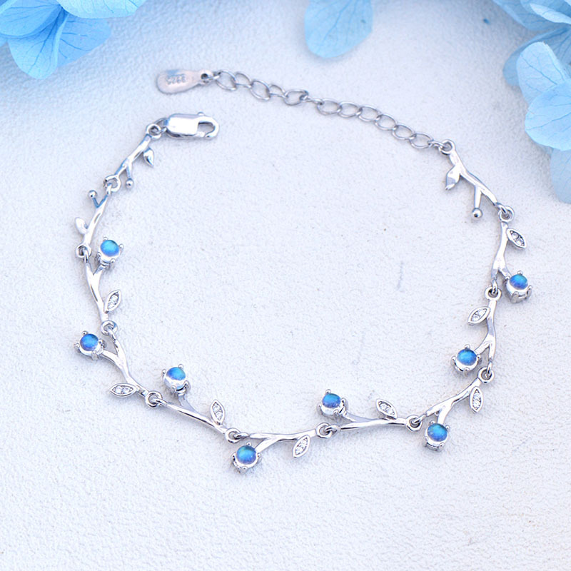 Blue Moonstone Bracelet for Women, Natural Sri Lankan Gemstone Crystal, Ice Type, Light Luxury, Forest Style, Simple, S925 Silver, for Students