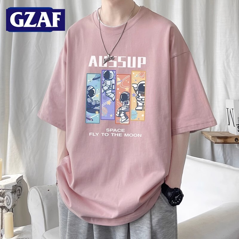 Gzaf Summer New Style Youth Pink Short-Sleeved T-Shirt for Men, Pure Cotton, Loose Cartoon Print, Handsome Boys Half-Sleeve