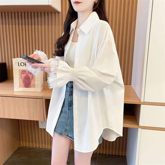 2026 New Style White Shirt for Women with Lace Splicing, Korean Style, Mid-Length, Loose, Fashionable, Breathable, Sun-Protective Cardigan Top