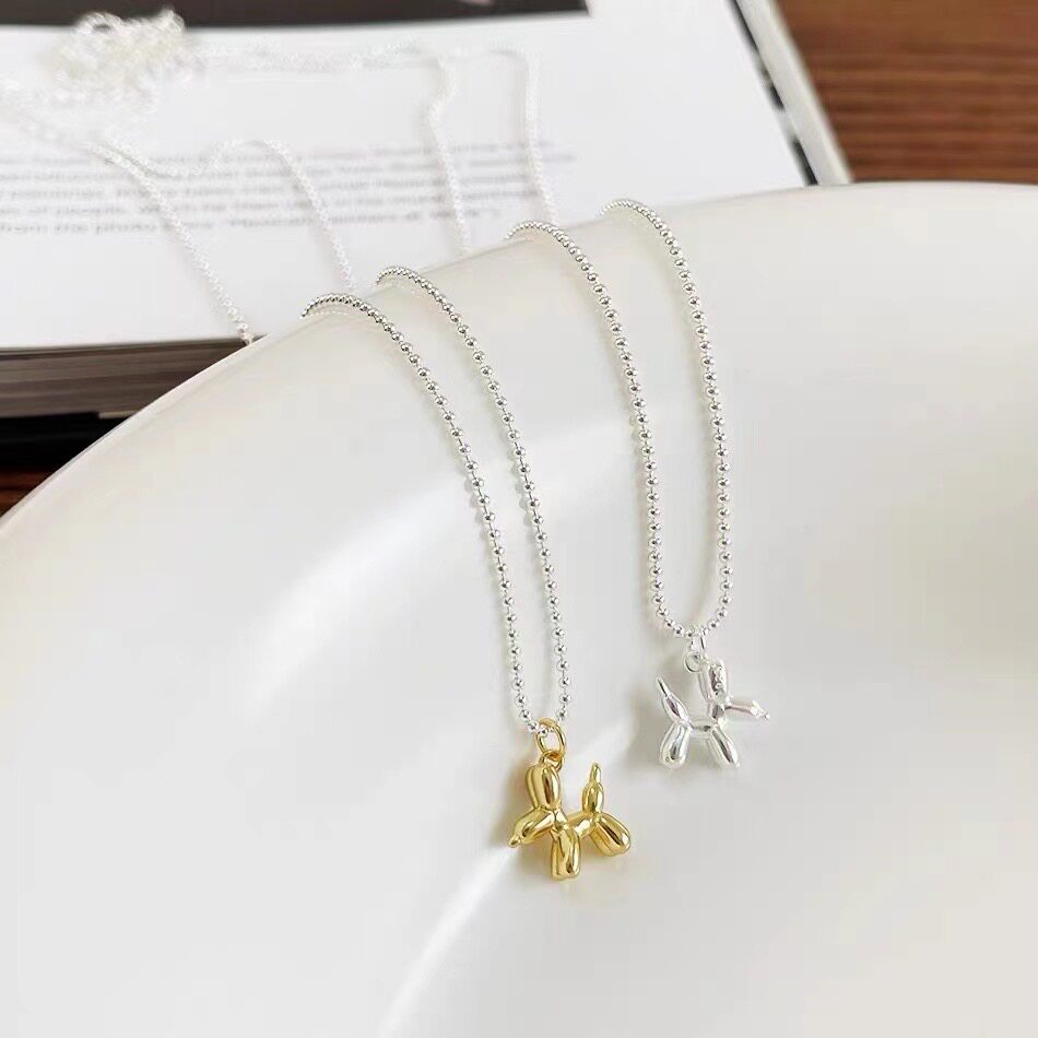 South Korea 925 Pure Silver Decorated Balloon Dog Necklace Gold And Silver Adorable Fresh Ins Round Pearl Lock Bone Chain Small Red Book