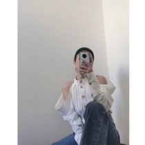 momosher shirt female 2020 spring and summer new rice white shoulder hanging neck niche temperament Korean long sleeve top