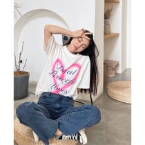 lstudio black and white two-color love printing T-shirt womens spring 2021 new design sense short-sleeved top