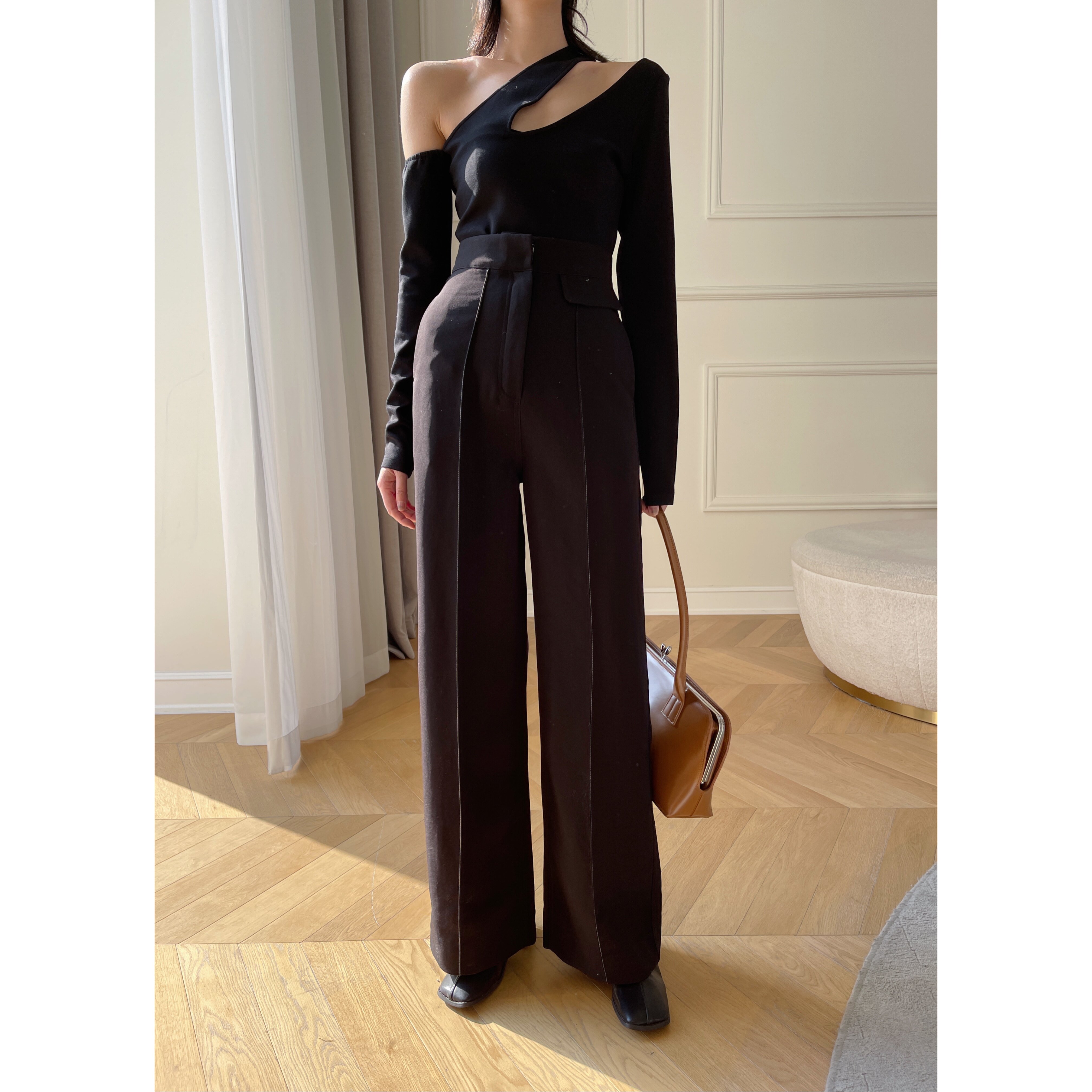 8 discount warehouse black high waist pants female autumn and winter 2021 new design sensation of small crowd thin lap casual pants