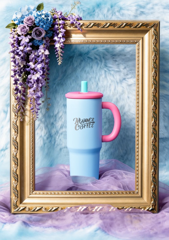 Manner Dreamy Blue and Pink Straw Stainless Steel Insulated Water Bottle Dark Night Barbie Cup Coffee Cup 770ml
