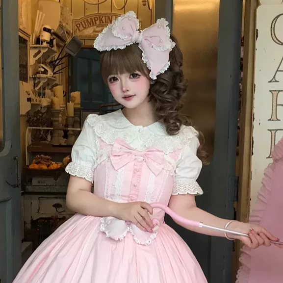 Genuine cute shirt with a round collar, custom-made, Lolita style