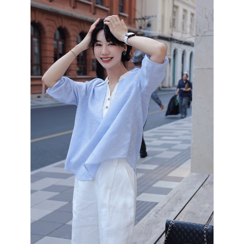 Tt Designer [High-Quality Stripes] Tencel Linen Refreshing Breathable Shirt for Women, New Summer Striped Elegant Top