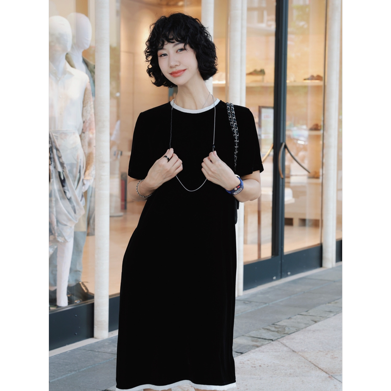 Tt Designer [French Velvet] Light Luxury 100% Mulberry Silk Dress Women's Summer Slimming Velvet Little Black Dress