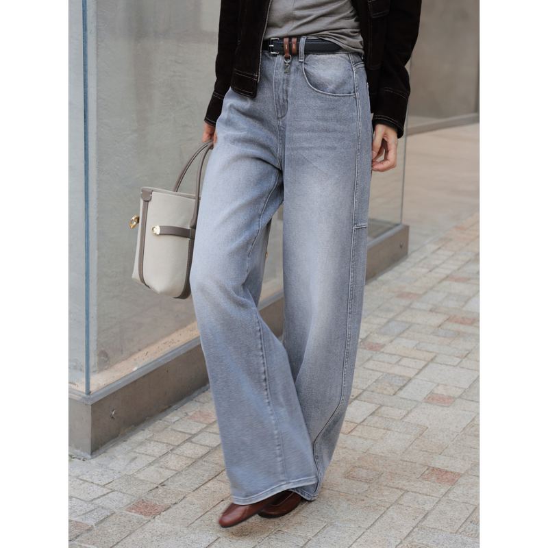 Tt Designer [New York Gray Mist] Hong Kong Style Retro Washed Cat Whisker Pattern 100% Cotton Jeans Women's Autumn Wide-Leg Pants