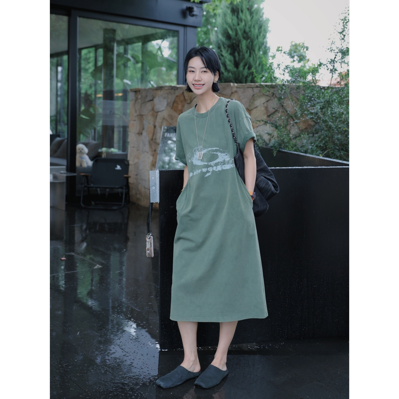 Tt Designer [Color Trends] Vintage Sand-Washed Distressed Print Dress Women's Summer Refreshing Slimming T-Shirt Dress