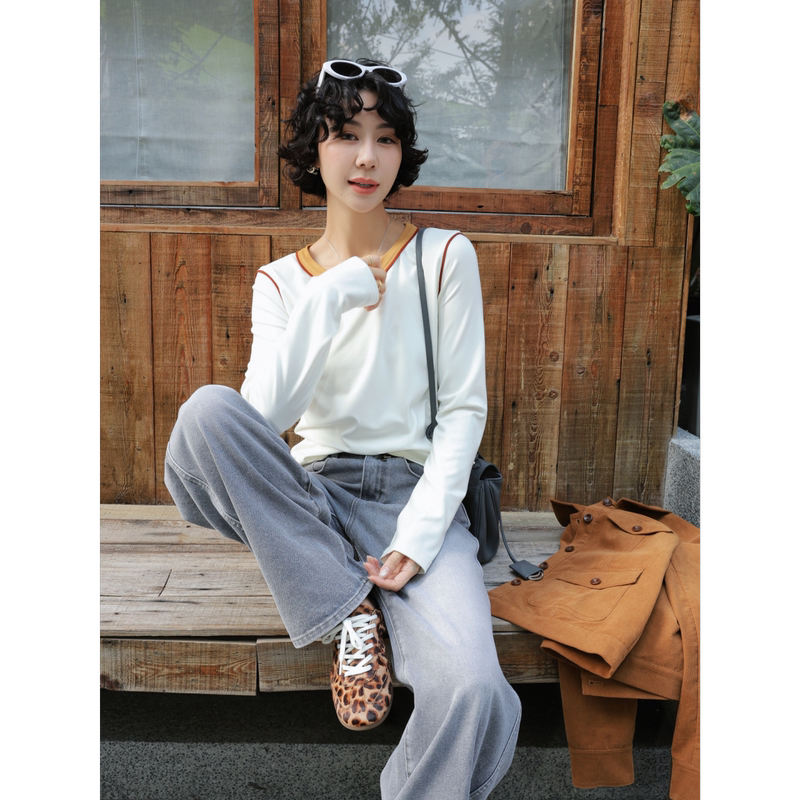 Tt Designer [Weekend Signal] Skin-Friendly, Smooth Wool Texture Long-Sleeve T-Shirt for Women, Autumn Color-Blocked Inner Top