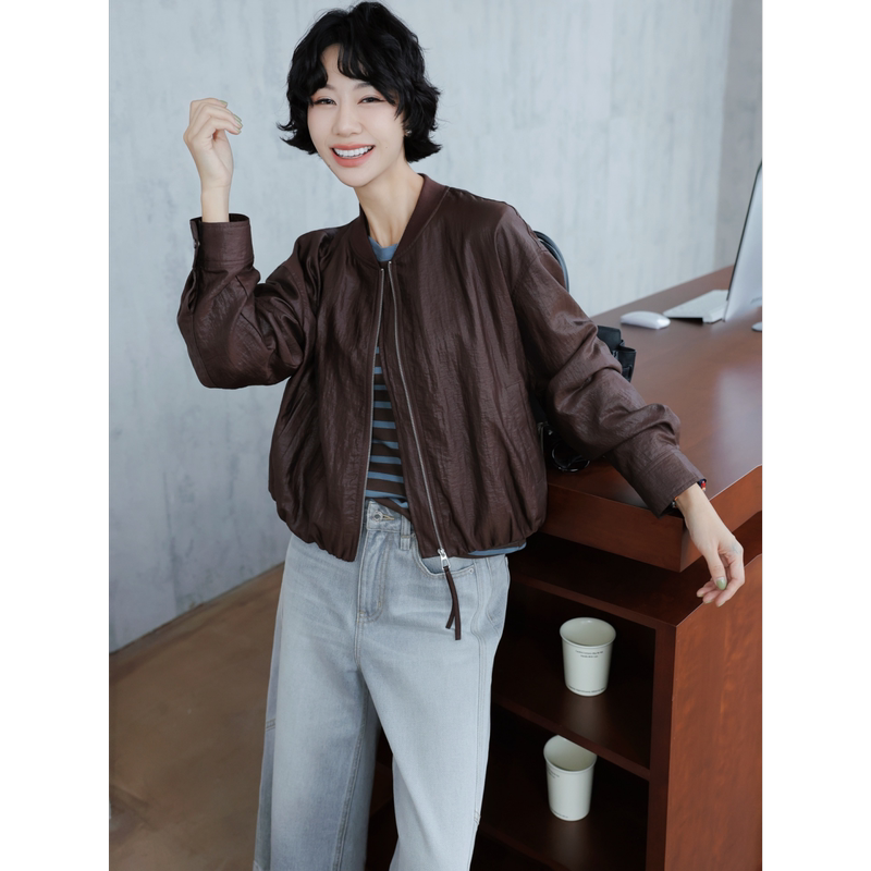 Tt Designer [Maple Leaf Special Edition] Distressed Matte Faux Leather Texture Short Jacket Women's Autumn Old Money Baseball Jacket