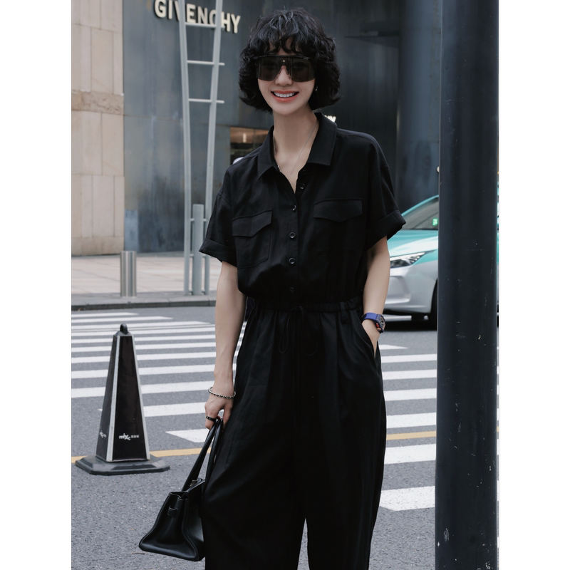 Tt Designer [Manxia] Refreshing Textured Tencel Linen Jumpsuit for Women, Summer Lapel Shirt Jumpsuit