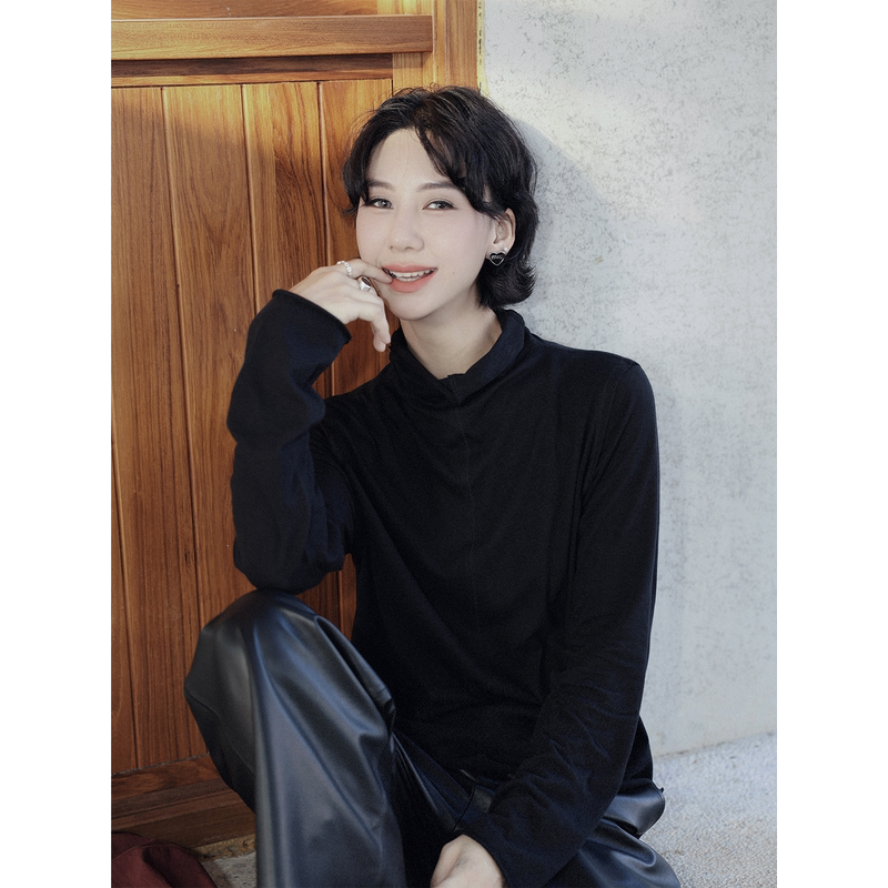 Tt Designer [Cloud Breathing] Niche Design High Neck Rolled Hem Base Shirt for Women, Spring Long Sleeve T-Shirt for Layering