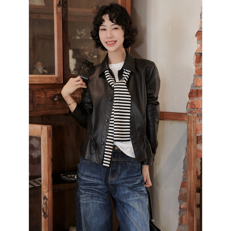 Tt Designer [California Journey] Matte Oil Wax 100% Sheepskin Short Jacket Women's Autumn and Winter Genuine Leather Jacket