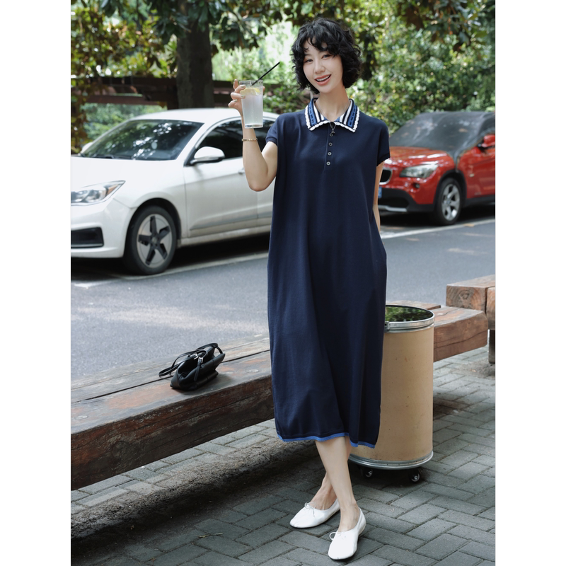 Tt Designer [Blue Seaside] Lyocell Linen Minimalist High-End Dress with Contrasting Floral Collar Sleeveless Straight Dress