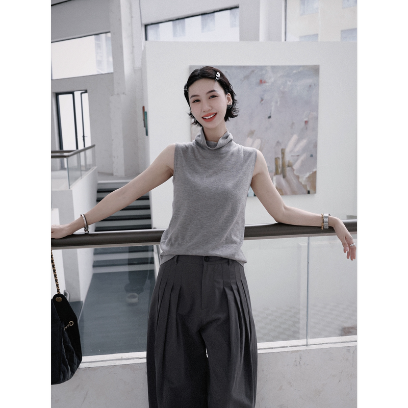 Tt Designer [Waltz] High-End Light Luxury Wool Knit Turtleneck Sleeveless Vest for Women, New Summer Style
