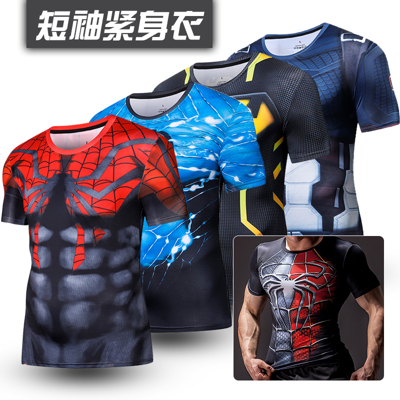 Summer short-sleeved tights T-shirt Superman Spider-Man men's sports running basketball quick-drying breathable stretch fitness clothes
