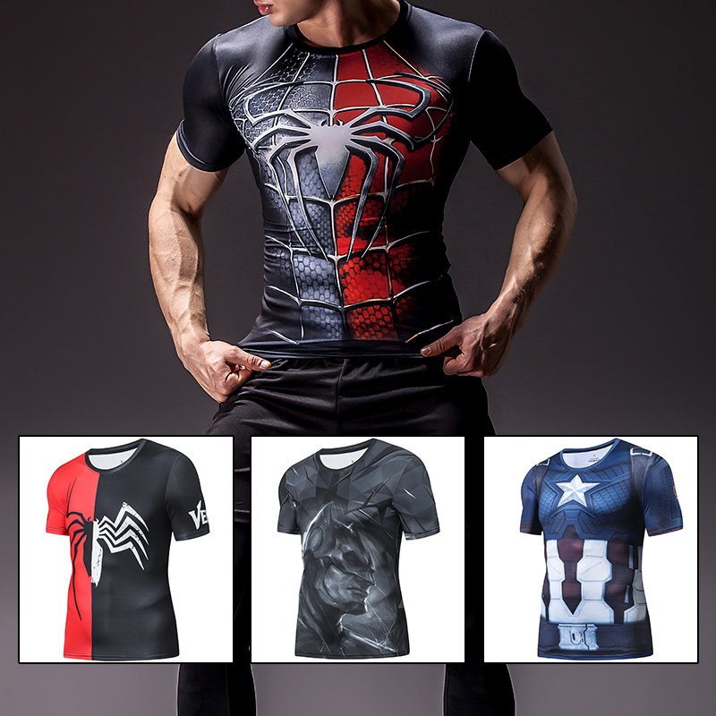 Spider-Man Short Sleeve Tights Hulk T-Shirt Men's Superman Quick-drying Fitness Wear Sports Stretch Top Thin Section