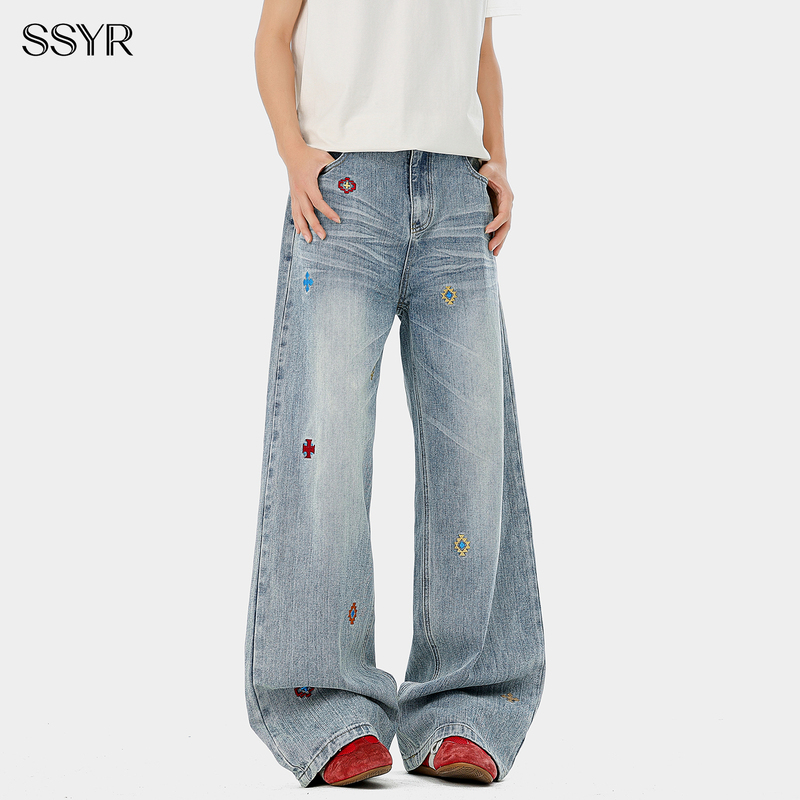 Ssyr Trendy High Street Ethnic Style Embroidered Straight-Leg Jeans for Men and Women, New Summer Style Loose and Lazy Wide-Leg Pants Ssyr Trendy High Street Ethnic Style Embroidered Straight-Leg Jeans for Men and Women, New Summer Style Loose and Lazy Wide-Leg Pants