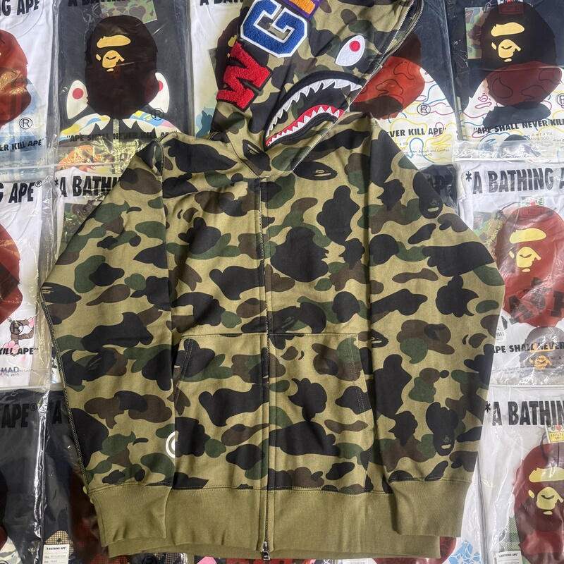 Bape Unisex Couple Style Camouflage Shark Zipper Hoodie Jacket Green
