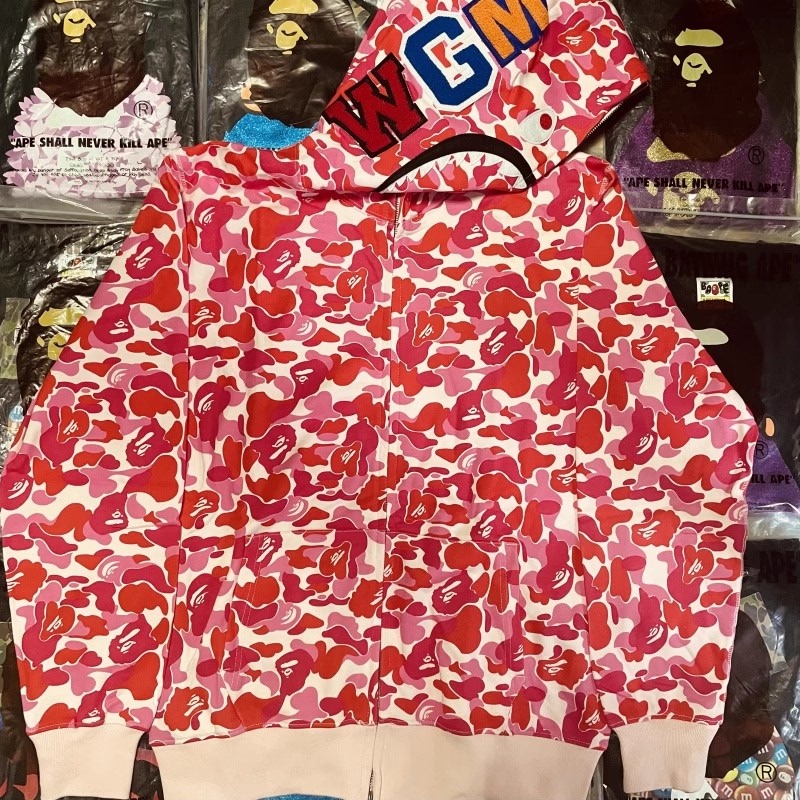 Bape Unisex Couple Matching Shark Zipper Hoodie Sweatshirt Pink Bape Unisex Couple Matching Shark Zipper Hoodie Sweatshirt Pink