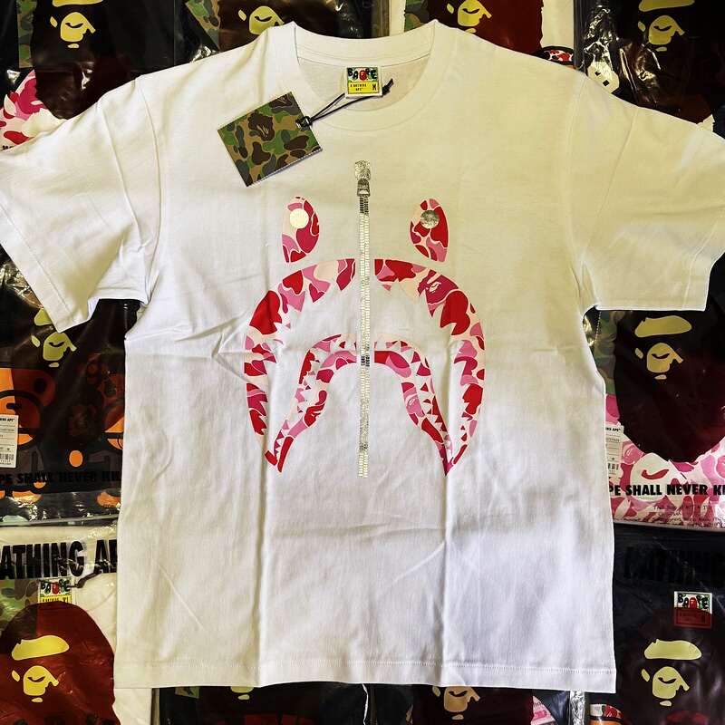 Bape Unisex Couple Matching Camouflage Shark Zipper Short-Sleeve T-Shirt