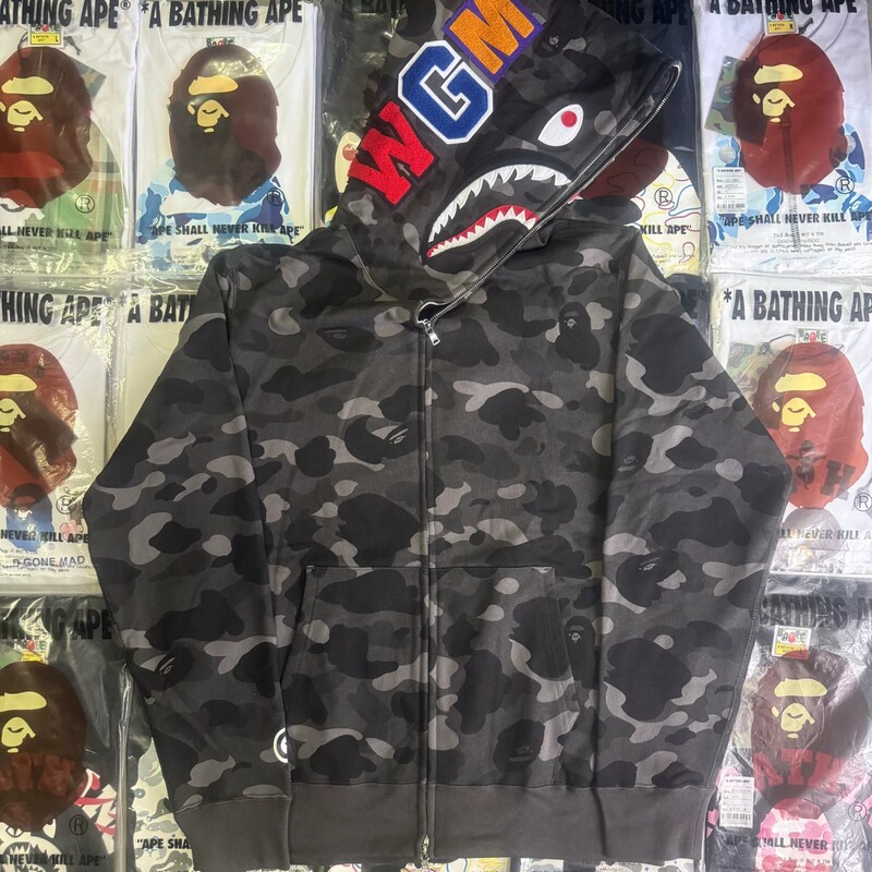 Bape Unisex Camouflage Shark Tiger Zipper Hooded Black Sweatshirt Jacket Bape Unisex Camouflage Shark Tiger Zipper Hooded Black Sweatshirt Jacket