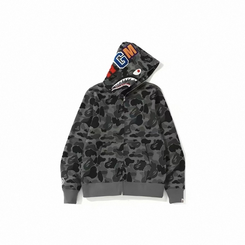 Bape Unisex Camouflage Shark Tiger Zipper Hoodie Black and Gray Sweatshirt Jacket