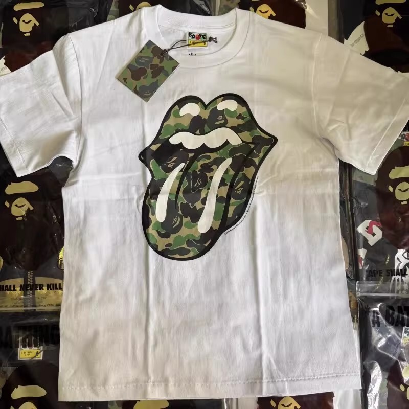 Bape Unisex Couple Rolling Stones Collaboration Tongue Camouflage Short-Sleeve T-Shirt