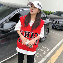 Student loose knit vest female 2021 spring new Korean letter waistband shoulder sleeveless outside riding horse clip tide chic